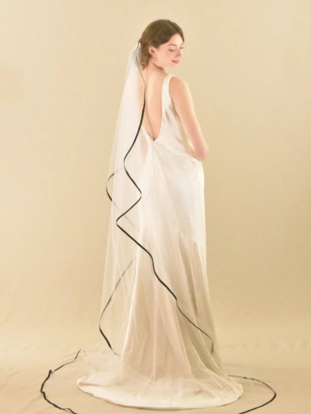 Angel Cut Cathedral Bridal Wedding Veil with Black Satin Trim (108")